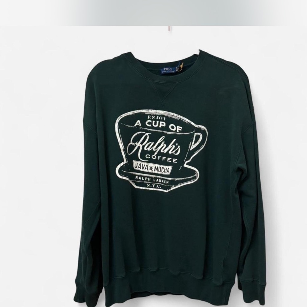 Ralph Lauren Men's Green Crewneck Sweater with Coffee Graphic